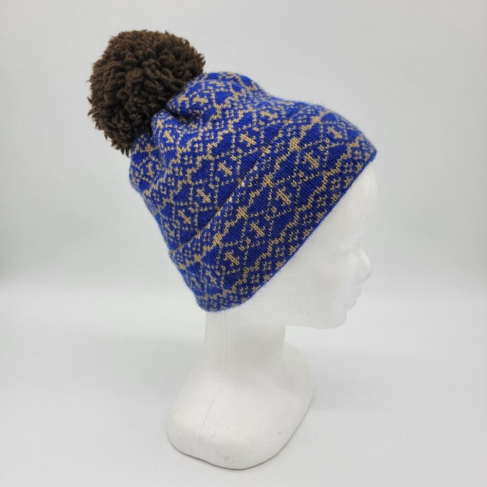 Vintage IKS Aspen Blue Yellow Winter Knit Hat‎ Pom Pom Beanie Ski Scotland EUC